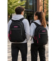 Siyah Pembe Sırt Çantası 3 Bölmeli Su Geçirmez Okul Günlük Spor Seyahat Çantası 45x35x15 cm