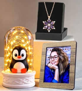 Kişiye Özel Fotoğraflı LED Işıklı Mutlu Penguenli Fanus ve Gerçek Ametist Taşlı Lotus Kolye Hediye Seti