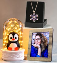Kişiye Özel Fotoğraflı LED Işıklı Mutlu Penguenli Fanus ve Gerçek Ametist Taşlı Lotus Kolye Hediye Seti