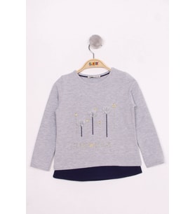 Toontoy Kız Çocuk Çiçek Aksesuarlı T-Shirt ( Gri-Melanj)