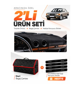 MERCEDES W123 (1976-1985) Uyumlu Torpido Örtüsü + Deri Bagaj Çantası + Sticker Seti - Siyah Kırmızı