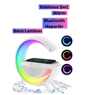 Telefon Kablosuz Hızlı Sarjlı RGB Işıklı Masa Lambası Gece Lambası Speaker Şık Tasarımlı Aksesuar (Beyaz)