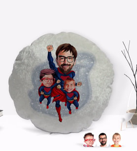BK Gift Kişiye Özel Süper Baba 2 Çocuk Karikatürlü Yuvarlak Dekoratif Kırlent Yastık-1
