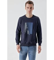 Slimfit Bisiklet Yaka Önü Baskılı 2 İplik Erkek Sweatshirt (Lacivert)