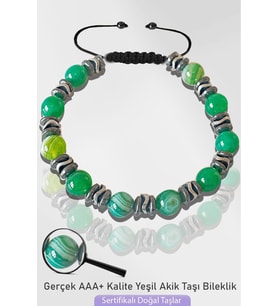 Sertifikalı Silver Hematitli Doğal Yeşil Akik Taşı Bileklik - Ayarlamalı (Çok Renkli)