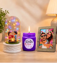 Kişiye Özel Fotoğraflı Renkli LED Işıklı Fanus (kalp tutan) ve Kokulu Cam Mum Seti