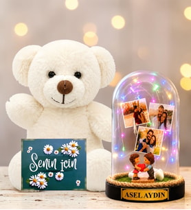Kişiye Özel Yazılı 3 Fotoğraflı Renkli LED Işıklı Fanus(kalp tutan aşıklar) ve Beyaz Peluş Ayıcık Sevgiliye Hediye Kadına Hediye
