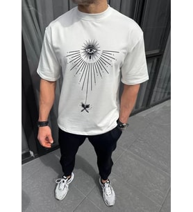 pilelistore- Unisex Bisiklet Yaka Baskılı Oversize T-Shirt - Beyaz