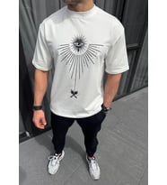 pilelistore- Unisex Bisiklet Yaka Baskılı Oversize T-Shirt - Beyaz