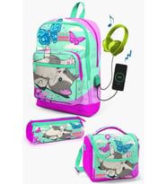 Coral High Kids Su Yeşili Pembe Kedi Desenli USB'li 3’lü Okul Çanta Seti - Kız Çocuk
