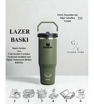 Kişiye Özel Stanley The Iceflow Flip Straw Pipetli Termos 0,89 L Özel Isimli & Fotoğraflı (Haki-Yeşil)