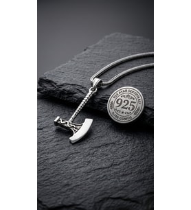 925 Ayar Gümüş Erkek Kolye - Oksitli Viking Savaşçı Baltası Uçlu Tilki Kuyruğu Örgü Zincir