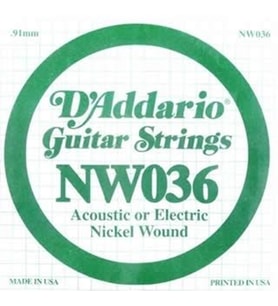 D'Addario NW036 Nickel Wound Elektro ve Akustik Gitar Tek Teli - .036 (Aksesuar) Nikel Kaplama Sargı, Altıgen Çelik Çekirdek, Parlak Ton ve Esnek Çalım Hissiyatı
