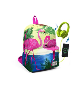 Coral High Pembe Flamingolu Üç Bölmeli USB Şarjlı Kulaklık Çıkışlı Sırt Çantası 23424