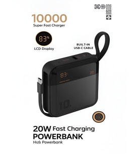 10000mAh Dijital Göstergeli Type-C Kablolu/Girişli  20W Hızlı Şarjlı Powerbank - Siyah