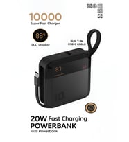 10000mAh Dijital Göstergeli Type-C Kablolu/Girişli  20W Hızlı Şarjlı Powerbank - Siyah