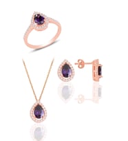 Söğütlü Silver Gümüş rose ametis taşlı damla modeli üçlü set