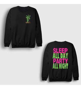 Presmono Unisex Siyah Sleep All Day Party All Night Sırt Baskılı Sweatshirt 534113tt