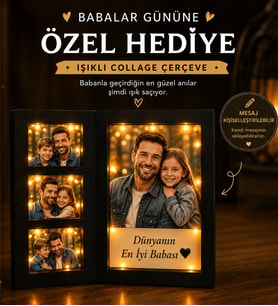 Babalar Günü Hediyesi Kişiye Özel Kolaj 4 Fotoğraflı ve Mesajlı Nostaljik LED Işıklı Anı Çerçevesi Babaya Hediye