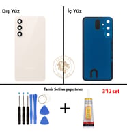 Samsung Galaxy S23 FE Krem Renk Lensli Arka Kapak + Tamir Seti + B7000 Yapıştırıcı Arka Cam Batarya Kapağı Pil Kapağı Lazer Kesim Back Cover Galaxy S23 FE Uyumlu