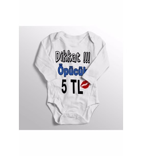 Unisex Bebek Beyaz Dikkat Öpücük 5 Tl Baskılı Zıbın Body