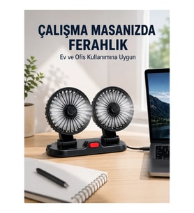 Mey İthalat® Araç ve Ev Kullanımına Uygun Çift Başlıklı Masaüstü Vantilatör
