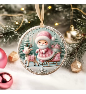 Yılbaşı Çam Ağacı Süsü - 3D Tasarımlı UV Baskılı - Noel Baba ve Geyik