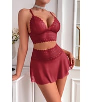 Kadın Bordo Dantel ve Tül Detaylı Etekli Şık Gecelik Takımı H110441