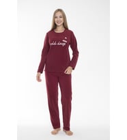 Kadın Kışlık Puantiyeli Fitilli Polar Pijama Takımı Bordo