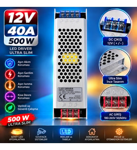 12 Volt 40 Amper 500 Watt Ultra Slim Metal Kasa Trafo