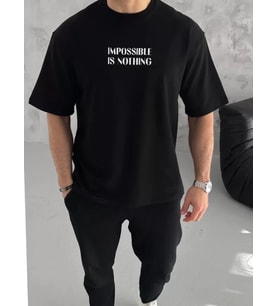 pilelistore- Unisex Bisiklet Yaka Baskılı Oversize T-Shirt - Siyah