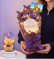 Aynalı Tasarım Fotoğraflı Led Işıklı Mor Kelebek Buketi (Renkli Işıklı Fanus Hediyeli) (Model 4)