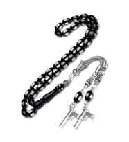 Erkek 7x11mm Tabanca Püskül Siyah Sürmeli Toz Kehribar Tesbih (Siyah)