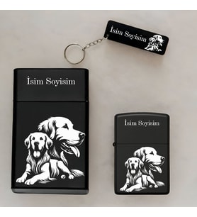 Golden Köpek Desenli Kişiye Özel İsimli Çakmak,Metal Tabaka ve Anahtarlık Seti - 3'lü Hediye Set