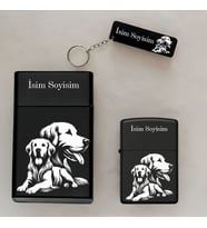 Golden Köpek Desenli Kişiye Özel İsimli Çakmak,Metal Tabaka ve Anahtarlık Seti - 3'lü Hediye Set (Siyah)