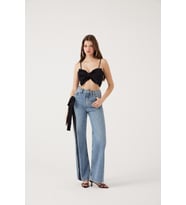 Yüksek Bel Kurdele Detaylı Wide Leg Kyla Jean Pantolon Siyah