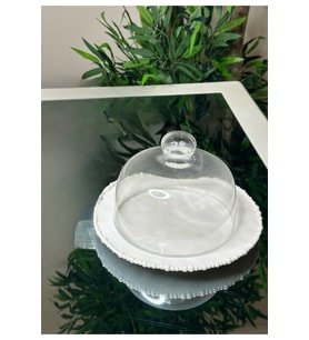 Boncuklu Tabaklı Porselen Cam Fanus Kapaklı Kek Fanusu Pasta Kurabiye Fanusu - 25 cm