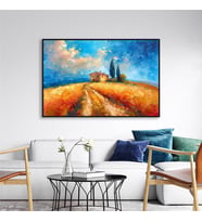 Yağlı Boya Dokulu Tablo Modern Buğday Tarlası Manzarası Siyah Çerçeveli U06018