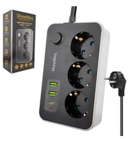 Showmax SH-4626 3lü Akım Korumalı Priz 2 Metre Anahtarlı 10A 2500 Watt 2xusb 1xtype-C (Siyah)