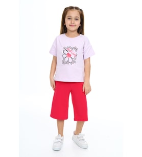 Toontoy Kız Çocuk Daisy Yazılı  Çiçek Baskılı Kaprili Takım (Açık Lila)