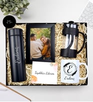 Kişiye Özel 500 ML Siyah Dereceli Termos & Siyah Çerçeve & Siyah French Press & Kişiye Özel Beyaz Kupa