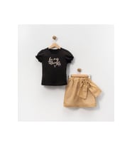 Kız Çocuk Kısa Kol T-shirt Simli Etek takım (Siyah)