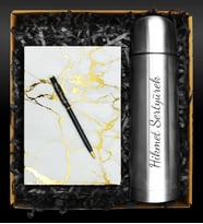 Kişiye Özel 500 ML Deri Kılıflı Çelik Termos & Beyaz Mermer Desenli Defter & Kişiye Özel Kalem