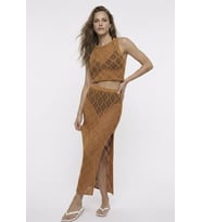Dantel Görünümlü Ajurlu Beachwear Crop Top ve Yırtmaçlı Uzun Etek Triko Takım
