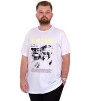 Mode XL Büyük Beden Erkek T-Shirt Bisiklet Yaka NEW YORK U25036 Beyaz