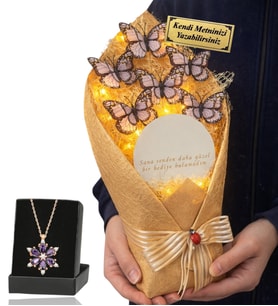 Kişiye Özel Premium Hediye Led Işıklı Aynalı Kelebek Buketi ve Gerçek Ametist Taşlı Lotus Kolye (Beyaz)