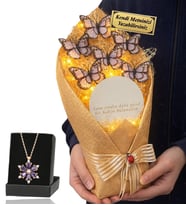 Kişiye Özel Premium Hediye Led Işıklı Aynalı Kelebek Buketi ve Gerçek Ametist Taşlı Lotus Kolye (Beyaz)