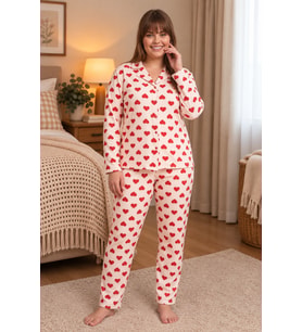 Mirano 9850 Uzun Kollu Şardonlu Soft Kışlık Düğmeli Büyük Beden Kalpli Kadın Pijama Takımı