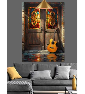 Vitray kapıdaki Gitar Dekoratif Kanvas - Mdf Ahşap Tablo