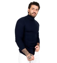 Erkek Lacivert Balıkçı Yaka Çizgili Slim Fit Örme Kazak 2100015